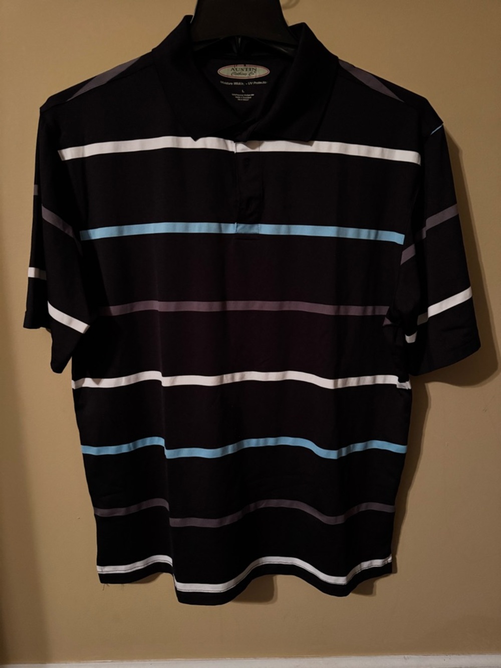Austin Co. Moisture Wick Men’s Black Striped Polo Shirt with Blue, Grey & White